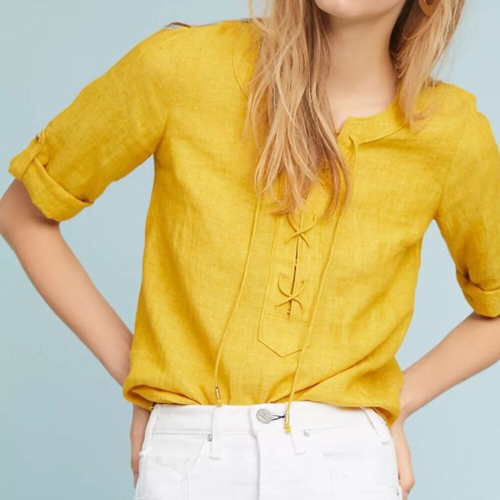NWOT Maeve Linen Lace-Up Blouse in Mustard Yellow - Size 4